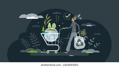 Eco consumer as responsible customer with green lifestyle tiny person concept. Zero waste choices to save planet water and resources vector illustration. Ecological and biological shopping in market.