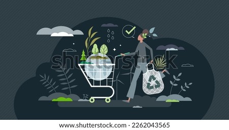 Eco consumer as responsible customer with green lifestyle tiny person concept. Zero waste choices to save planet water and resources vector illustration. Ecological and biological shopping in market.