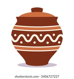 Eco cooking pot in oven. Pot for baking in oven cartoon vector illustration. Baking ceramic pot with decorated isolated on white background