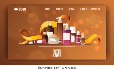 Eco cosmetic product vector web page skincare bio cream bottle template and tube container of ecological cosmetology illustration backdrop of branded lotion package web landing page background.