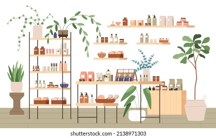 Eco cosmetic store interior with organic natural beauty products. Inside zero waste green shop with shelves, showcase, vegan cosmetics, plants. Flat vector illustration isolated on white background