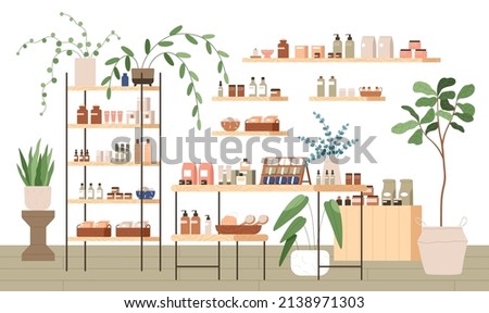 Eco cosmetic store interior with organic natural beauty products. Inside zero waste green shop with shelves, showcase, vegan cosmetics, plants. Flat vector illustration isolated on white background