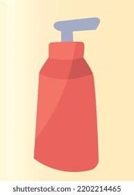 Eco cosmetics concept. Red bottle with organic shampoo for hair care. Beauty product for body hygiene. Design element for advertising and posters. Cartoon flat vector illustration on beige background