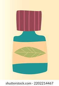 Eco cosmetics concept. Small bottle of herbal oil or serum to hydrate and nourish skin. Organic beauty care product. Design element for banners. Cartoon flat vector illustration on beige background