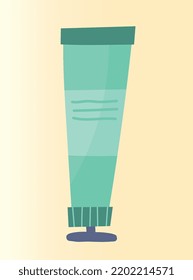 Eco cosmetics concept. Tube with organic scrub, mask or toothpaste for facial skin or teeth care. Daily beauty routine. Design element for posters. Cartoon flat vector illustration on beige background