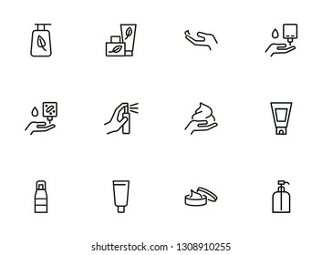 Eco cosmetics line icon set. Set of line icons on white background. Nature concept. Cream, gel, perfume. Vector illustration can be used for topics like ecology, green, natural cosmetics