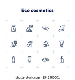 Eco cosmetics line icon set. Set of line icons on white background. Nature concept. Cream, gel, perfume. Vector illustration can be used for topics like ecology, green, natural cosmetics