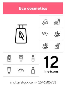 Eco cosmetics line icon set. Set of line icons on white background. Nature concept. Cream, gel, perfume. Vector illustration can be used for topics like ecology, green, natural cosmetics