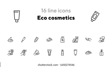 Eco-Kosmetik-Linie Symbol-Set. Satz von Zeilensymbols auf weißem Hintergrund. Naturkonzept. Creme, Gel, Parfum. Vektorillustration-Illustration kann für Themen wie Ökologie, Grüne, Naturkosmetik verwendet werden