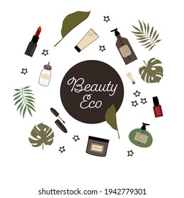 Eco cosmetics on white background with cream, monstera, nail polish, mascara,soap, serum, concealer, shower gel,pomade. Green doodle leaves. Vector illustration 