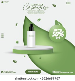 Eco cosmetics product sale social media advertisement poster design template with natural color. 3D minimalist social media natural cosmetics product sale promotional poster design vector. 