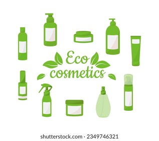 Eco cosmetics set flat vector illustration. Natural organic cosmetic products for skin and hair care.