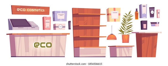 Eco cosmetics store interior stuff and furniture, body care beauty shop cosmetic bottles, wooden showcase shelves, cashier desk, computer and signboard. Natural goods for women cartoon vector set