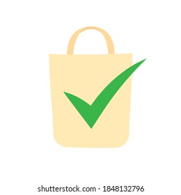 Eco cotton bag with check mark, icon isolated on white background. Concept, say no to plastick bags. Cartoon flat design. Vector illustration. 