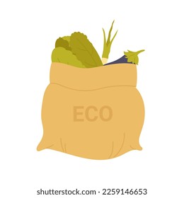 Eco cotton bag for grocery. Eco friendly sack, zero waste products vector illustration