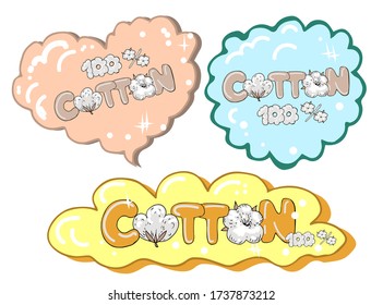 Eco Cotton label design.  Sticker for  children's textile production, fashion logo. Cartoon vector illustration isolated white background