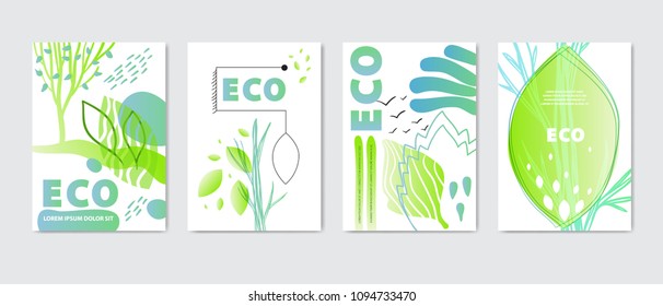 Eco covers, templates set, posters in memphis and hipster style with geometric and nature elements. Vector illustrations