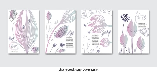 Eco covers, templates set, posters with flowers, branches, nature elements. Vector illustrations