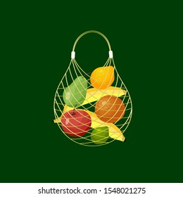 Eco crochet bag - isolated mesh shopping bag full with tropical fruit, apple and pear. Dark green backgound. Zero waste concept, no plastic. Flat vector illustration