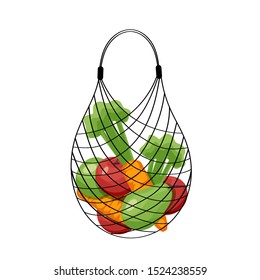 Eco crochet bag for shopping - black knitted bag with fruit and vegetables. Zero waste concept, no plastic. Flat vector illustration