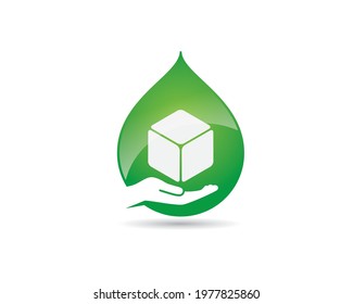 eco cube levitating above palm of hand inside droplet	