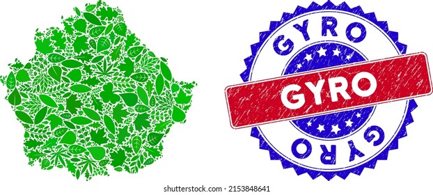 Eco Cuenca Province map collage of herbal leaves in green color shades with grunge bicolor Gyro seal stamp. Red and blue bicolored imprint with grunge style and Gyro word.