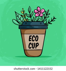 Eco Cup With Flower For Decoration By Using Colored Doodle Style