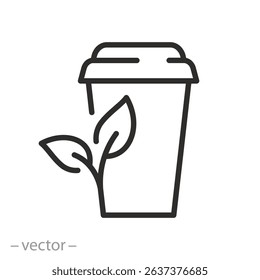 eco cup icon, disposable paper cup, no plastic, drink glass with leafs, reusable mug, thin line symbol on white background - editable stroke vector illustration eps10