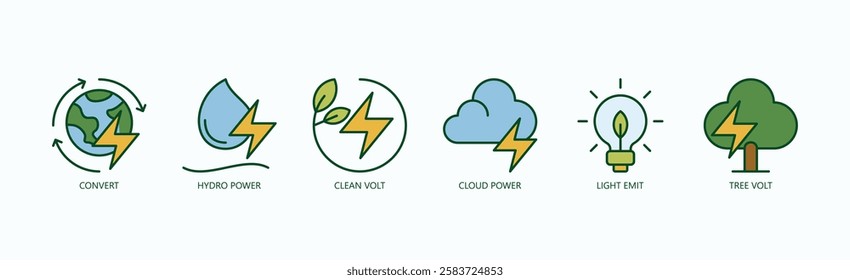 Eco Current Icon Set Isolated Vector With Icon Of Convert, Hydro Power, Clean Volt, Cloud Power, Light Emit, Tree Volt In Outline Color Style