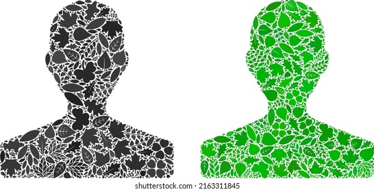 Eco customer icon mosaic of plant leaves in green and natural color hues. Ecological environment vector concept for customer icon. Customer vector image is formed of green herbal items.