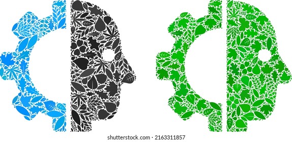 Eco cyborg head icon composition of herbal leaves in green and natural color shades. Ecological environment vector template for cyborg head icon.