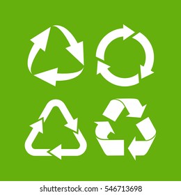 Eco cycle arrows icon set vector illustration on green background. Green recycled vector icon. Recycle vector symbol.