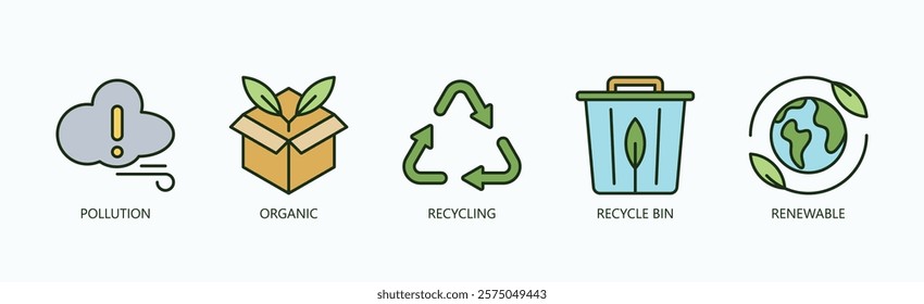 Eco Cycle Icon Set Isolated Vector With Icon Of Pollution, Organic, Recycling, Recycle Bin, Renewable In Outline Color Style