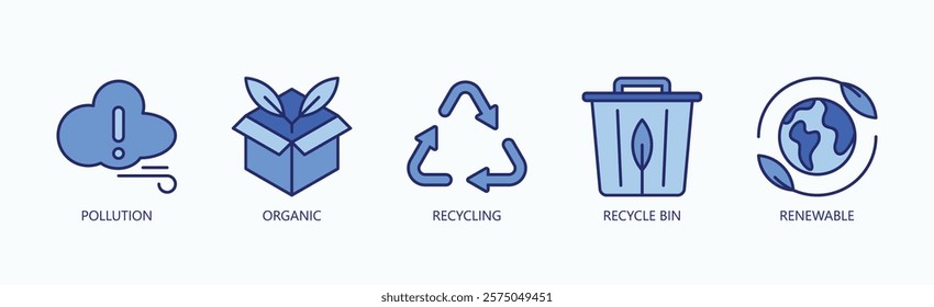 Eco Cycle Icon Set Isolated Vector With Icon Of Pollution, Organic, Recycling, Recycle Bin, Renewable In Blue Style