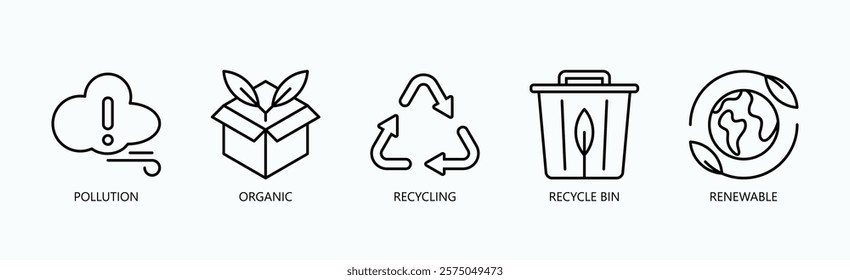 Eco Cycle Icon Set Isolated Vector With Icon Of Pollution, Organic, Recycling, Recycle Bin, Renewable In Outline Style