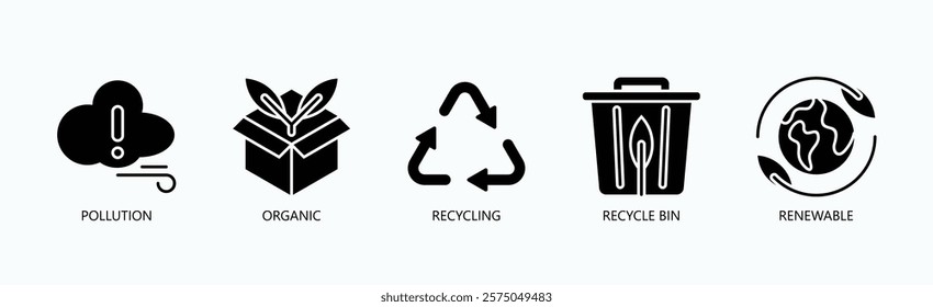 Eco Cycle Icon Set Isolated Vector With Icon Of Pollution, Organic, Recycling, Recycle Bin, Renewable In Glyph Style