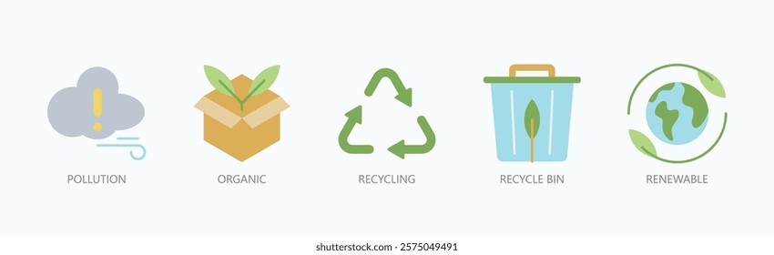 Eco Cycle Icon Set Isolated Vector With Icon Of Pollution, Organic, Recycling, Recycle Bin, Renewable In Flat Style