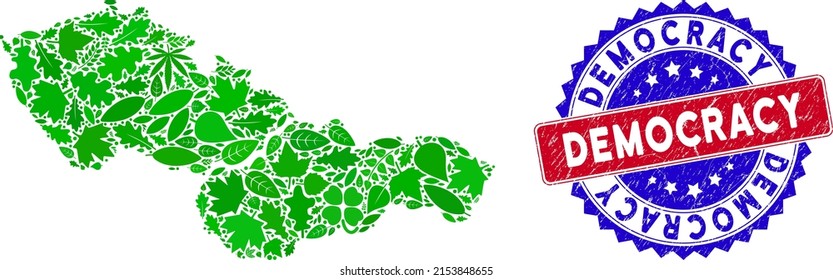 Eco Czechoslovakia map collage of plant leaves in green color tinges with grunge bicolor Democracy seal. Red and blue bicolored seal with distress style and Democracy word.