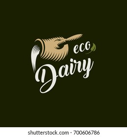 Eco dairy vector logo template. Milk product engraving emblem. Milk flows from a jug.
