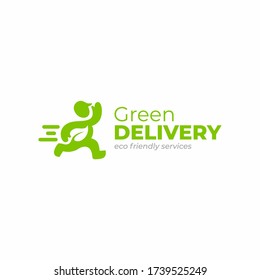 Eco delivery logo template. Sustainable delivery. Eco friendly services logotype. Delivery man holding a leaf. Delivery vector logo.