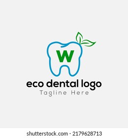 Eco Dental Logo On Letter W Template. Eco Dental On W Letter, Initial Eco Dental, Teeth Sign Concept	