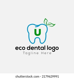 Eco Dental Logo On Letter U Template. Eco Dental On U Letter, Initial Eco Dental, Teeth Sign Concept	