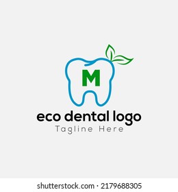 Eco Dental Logo On Letter M Template. Eco Dental On M Letter, Initial Eco Dental, Teeth Sign Concept	