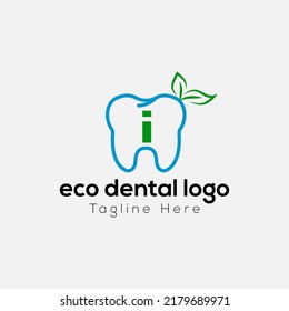 Eco Dental Logo On Letter I Template. Eco Dental On I Letter, Initial Eco Dental, Teeth Sign Concept	
