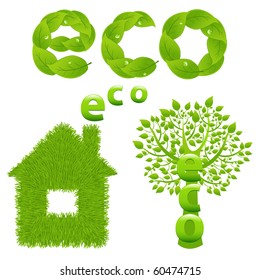 Eco Design Elements, Green Tree, House And Word From Leaves, Isolated On White Background, Vector Illustration