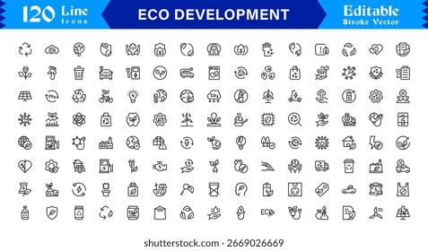 Fundamentos De Desenvolvimento Ecológico: Moderno Conjunto De Ícones De Linha Mínima Para Sustentabilidade E Energia Verde