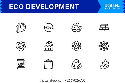 Eco Development Essentials: Modern Minimal Line Icon Set For Sustainability And Green Energy