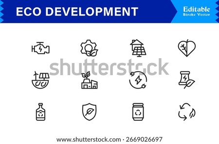 Eco Development Essentials: Modern Minimal Line Icon Set For Sustainability And Green Energy