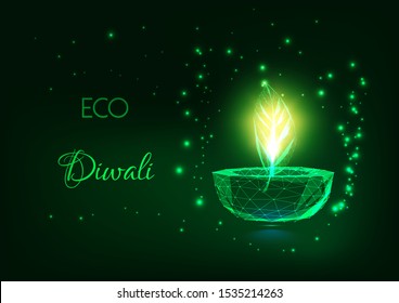 Eco Diwali concept with futuristic glowing low polygonal diya lamp and green leaf on dark green background. Modern wire frame mesh design vector illustration. 