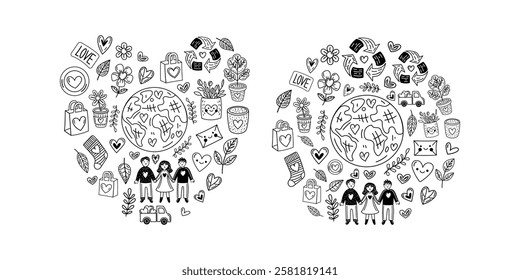 Eco doodle heart composition with planet, recycling, and love

